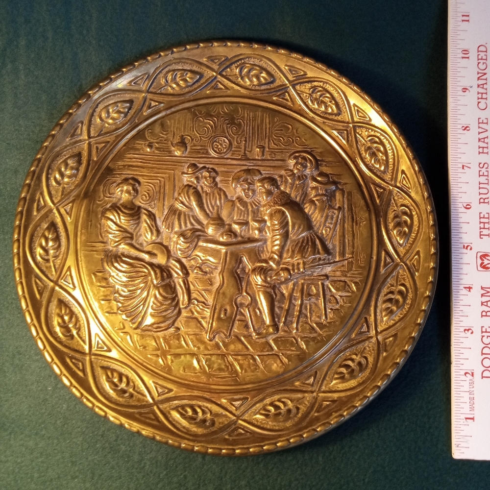 VTG Brass/Copper Wall Hanging, Supper Scene, 12" Diameter